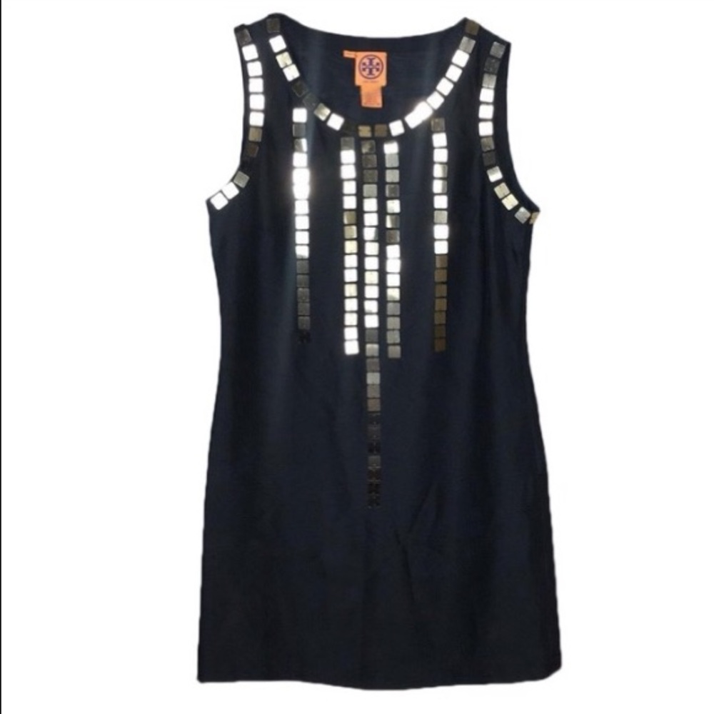 Tory Burch EUC Black Silk Dress Gold Sequins Sz 4